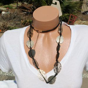 Long Boho Leaves & Leather Goldtone Necklace NWOT